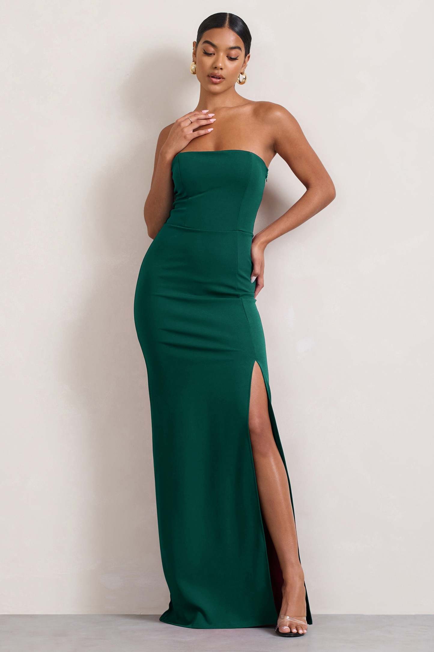 Belle of The Ball Bottle Green Bandeau Maxi Dress With Split Hem-Fashionmomo.All Rights Reserved