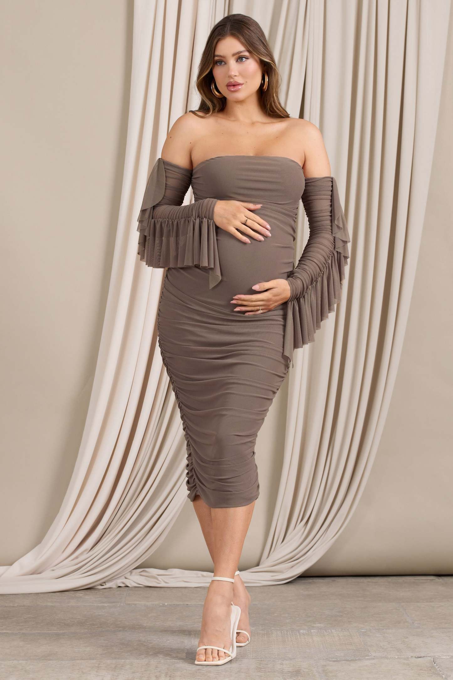 Aroma Brown Ruched Mesh Maternity Midi Dress With Ruffled Sleeves-Fashionmomo.All Rights Reserved