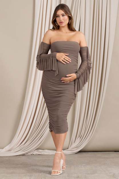 Aroma Brown Ruched Mesh Maternity Midi Dress With Ruffled Sleeves-Fashionmomo.All Rights Reserved