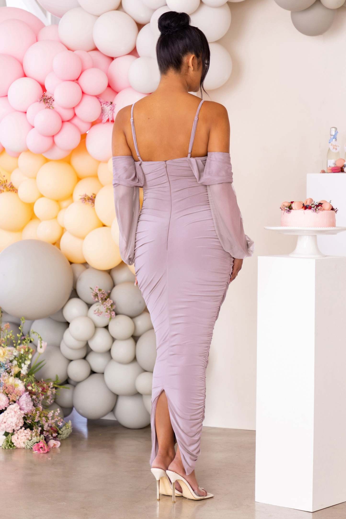 Announcement Taupe Maternity Bardot Ruched Maxi Dress-Fashionmomo.All Rights Reserved