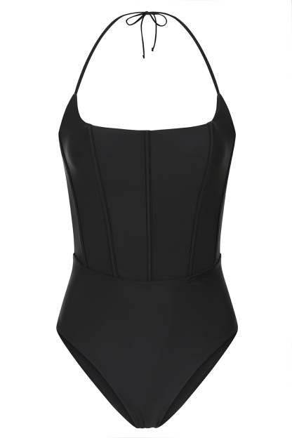 After Sun Black Corset Halter Swimsuit-Fashionmomo.All Rights Reserved