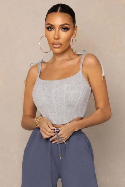 Hold Up Grey Marl Tie Cami Strap Corset Crop Top-Fashionmomo.All Rights Reserved