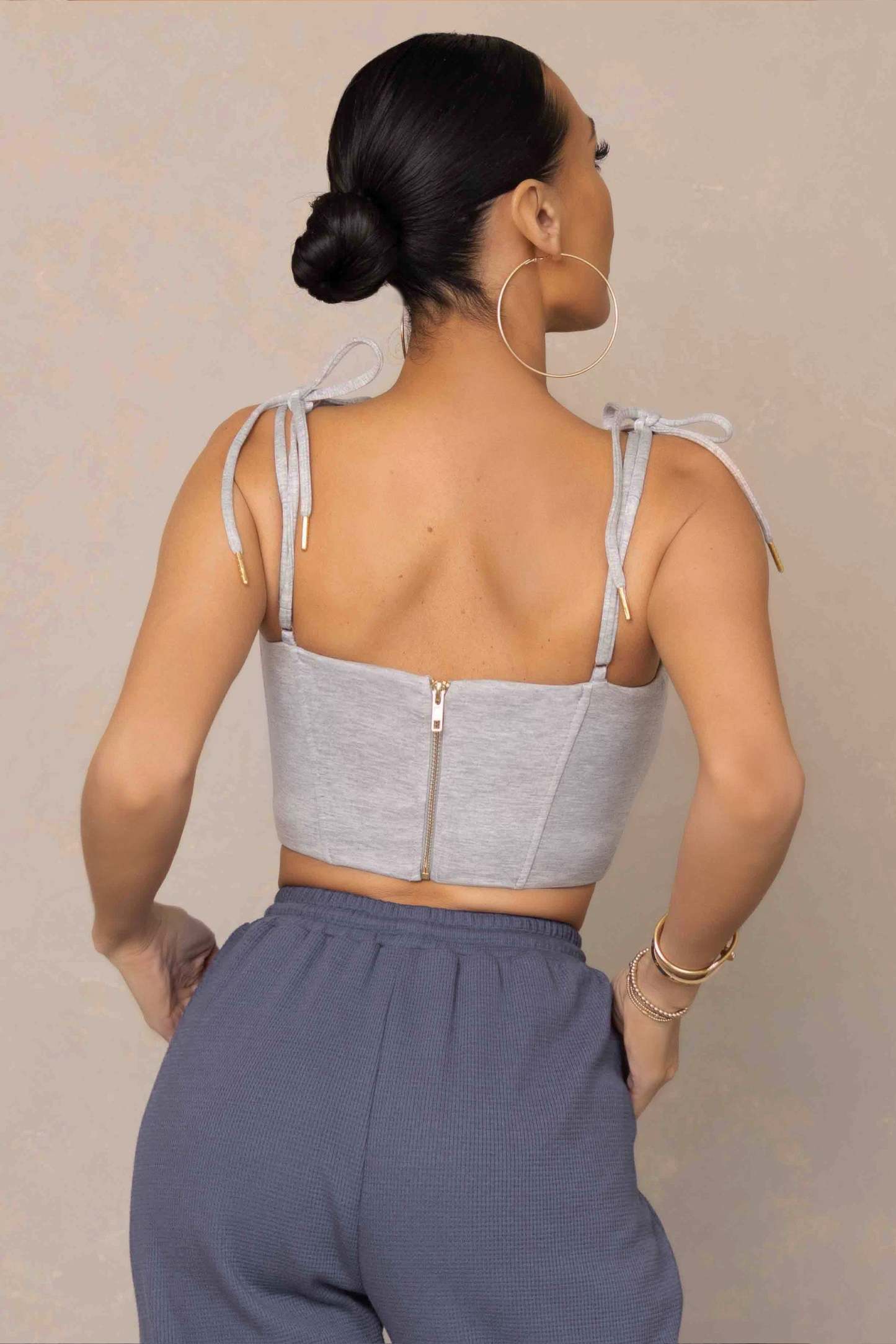 Hold Up Grey Marl Tie Cami Strap Corset Crop Top-Fashionmomo.All Rights Reserved