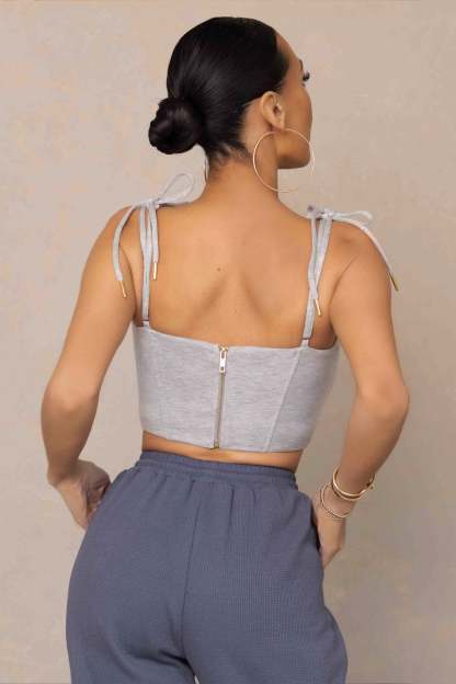 Hold Up Grey Marl Tie Cami Strap Corset Crop Top-Fashionmomo.All Rights Reserved