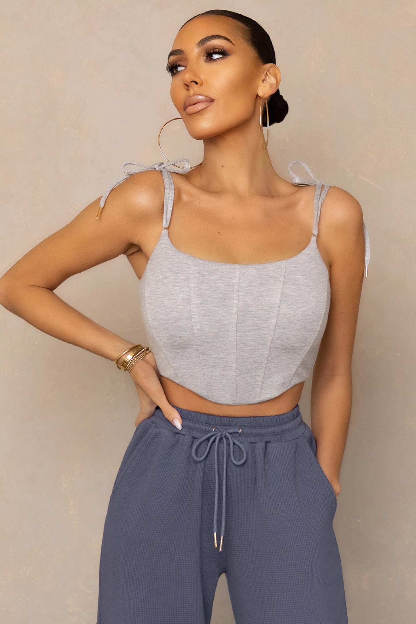 Hold Up Grey Marl Tie Cami Strap Corset Crop Top-Fashionmomo.All Rights Reserved