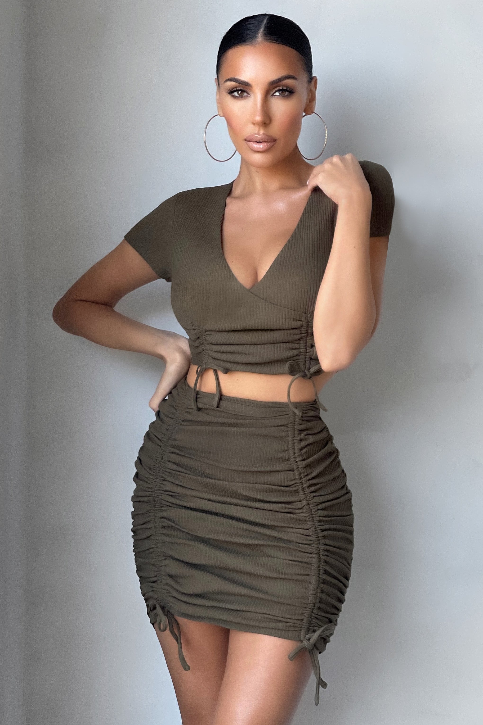 Fast Lane Khaki Ribbed Bodycon Mini Skirt-Fashionmomo.All Rights Reserved
