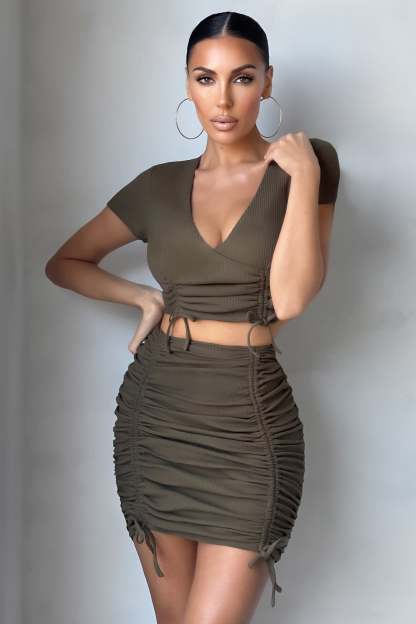 Fast Lane Khaki Ribbed Bodycon Mini Skirt-Fashionmomo.All Rights Reserved