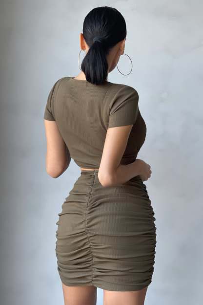 Fast Lane Khaki Ribbed Bodycon Mini Skirt-Fashionmomo.All Rights Reserved