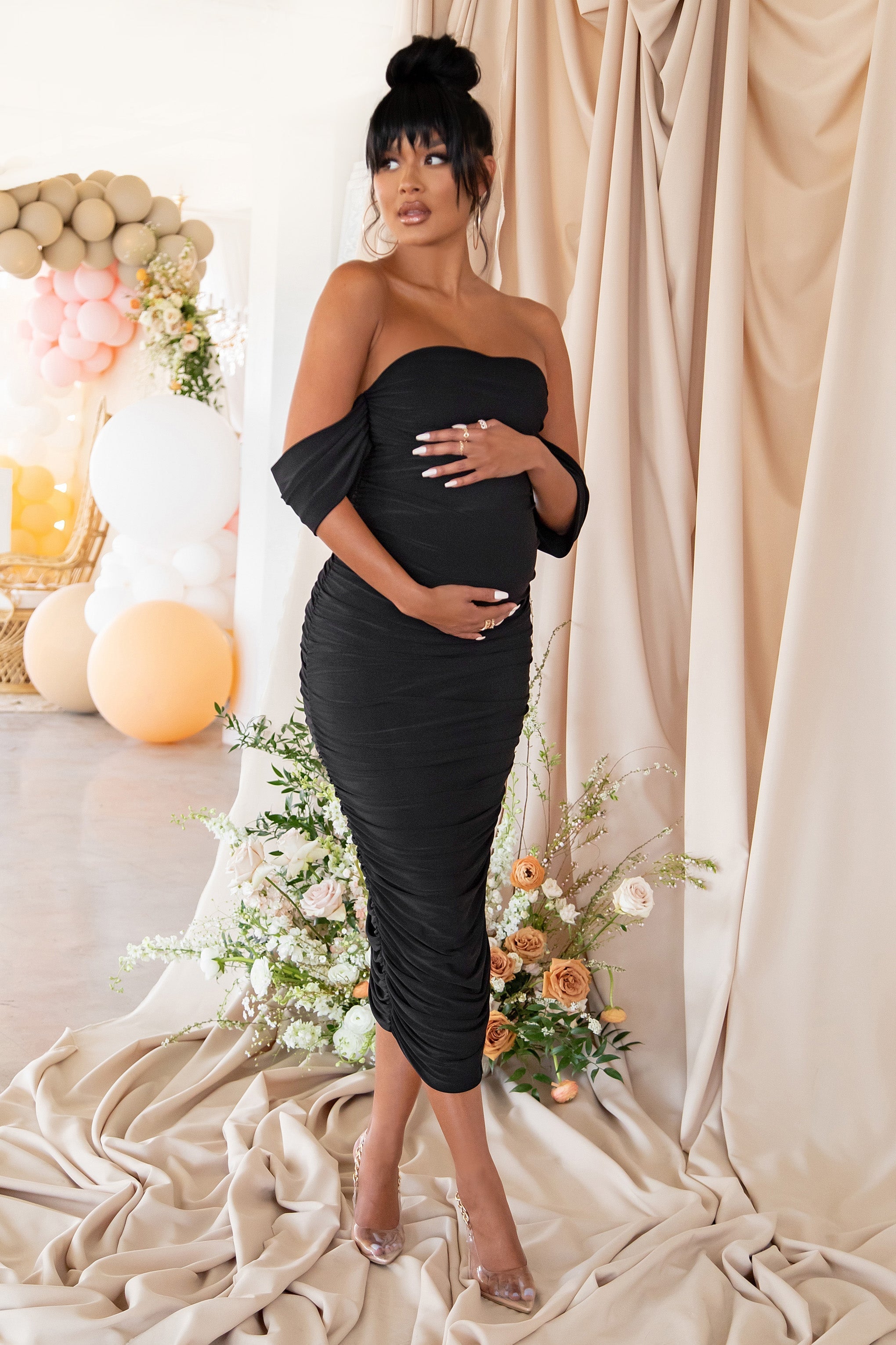 Plus One Black Maternity Bardot Ruched Draped Midi Dress-Fashionmomo.All Rights Reserved