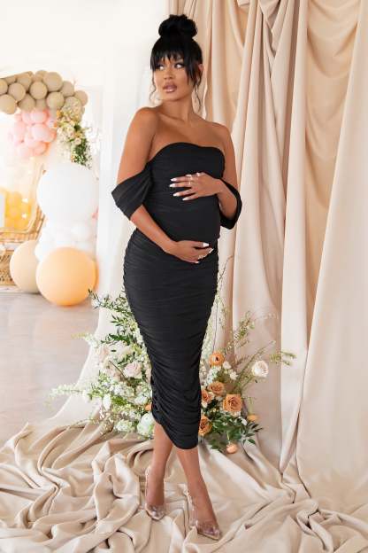 Plus One Black Maternity Bardot Ruched Draped Midi Dress-Fashionmomo.All Rights Reserved