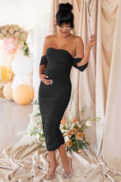 Plus One Black Maternity Bardot Ruched Draped Midi Dress-Fashionmomo.All Rights Reserved