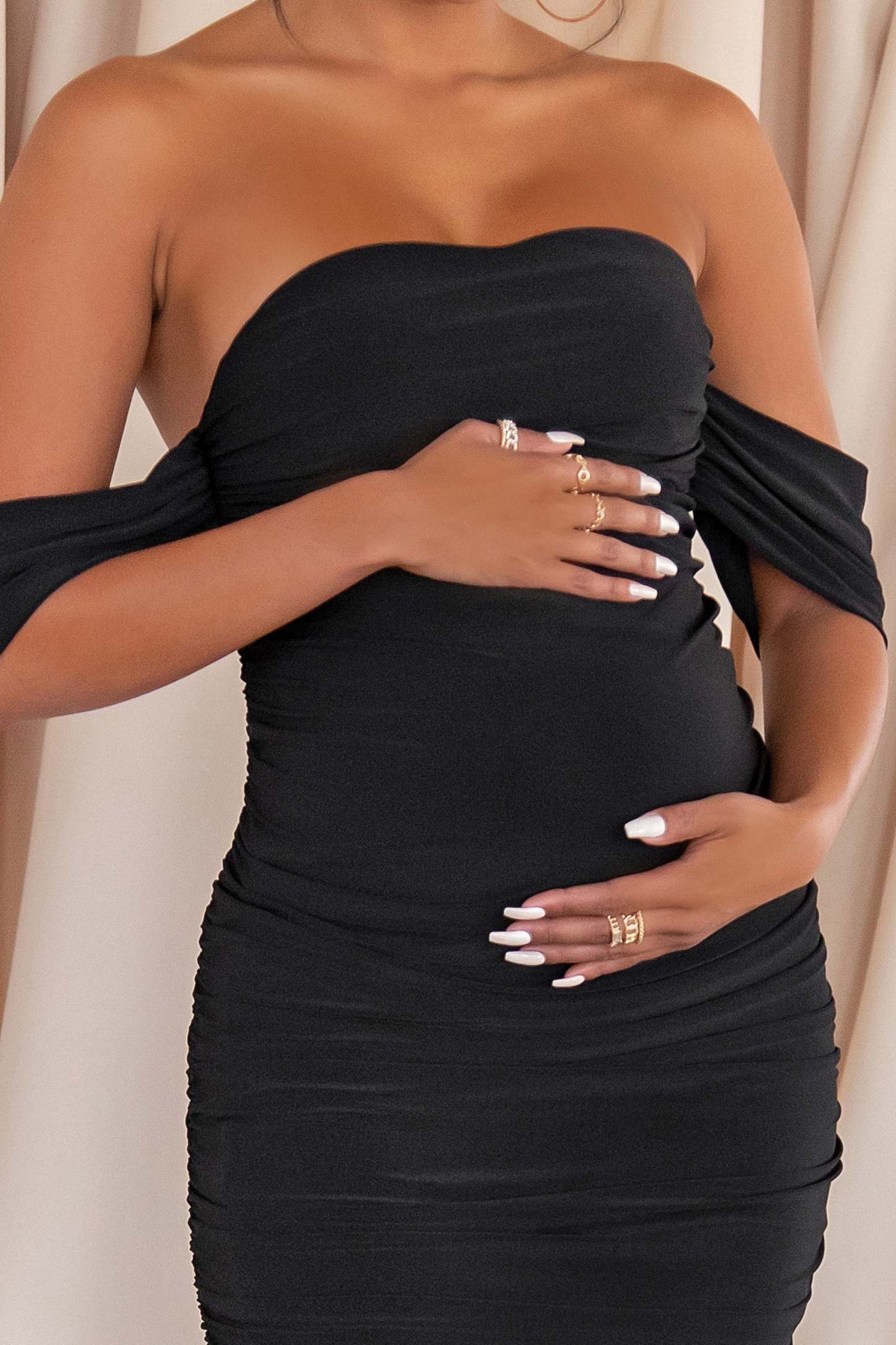 Plus One Black Maternity Bardot Ruched Draped Midi Dress-Fashionmomo.All Rights Reserved