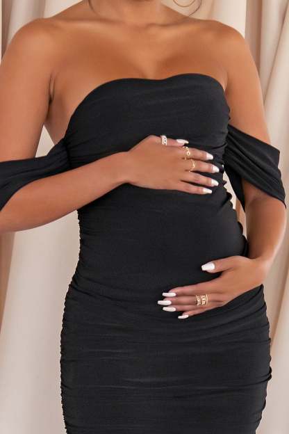 Plus One Black Maternity Bardot Ruched Draped Midi Dress-Fashionmomo.All Rights Reserved