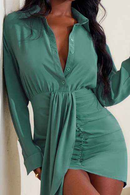 Golden Sun Teal Drape Detail Mini Shirt Dress-Fashionmomo.All Rights Reserved