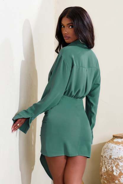 Golden Sun Teal Drape Detail Mini Shirt Dress-Fashionmomo.All Rights Reserved