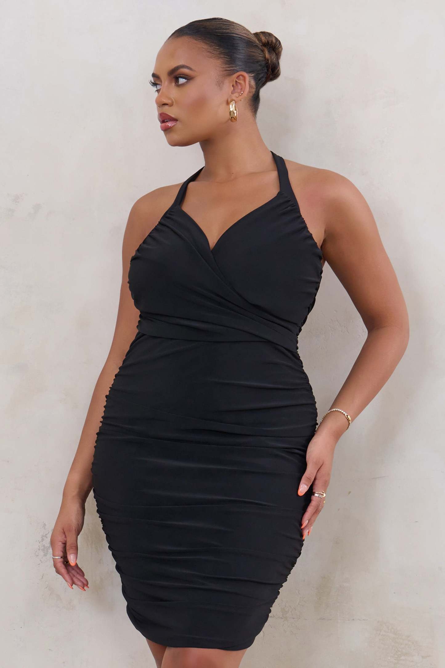 All Or Nothing Plus Black Halterneck Ruched Mini Dress-Fashionmomo.All Rights Reserved