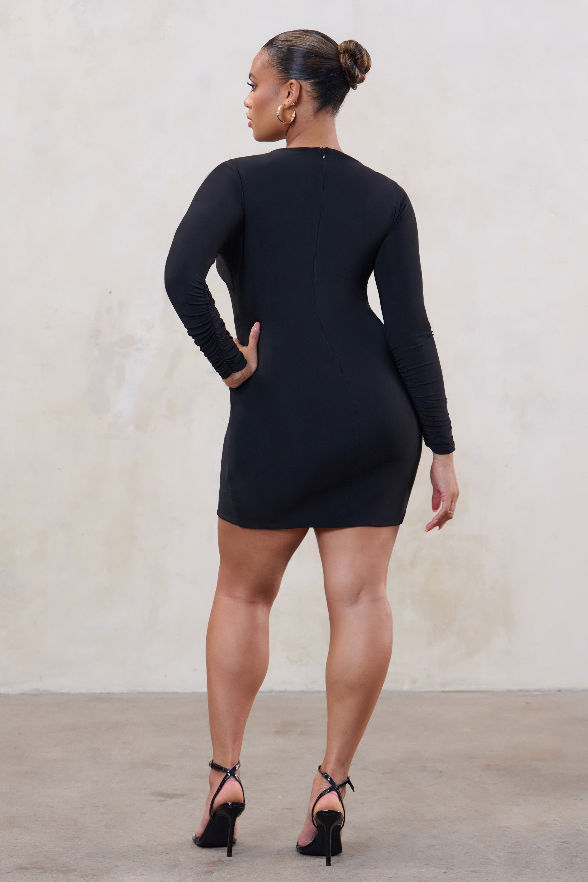 Happy Hour Plus Black Twist Front Ruched Mini Dress-Fashionmomo.All Rights Reserved