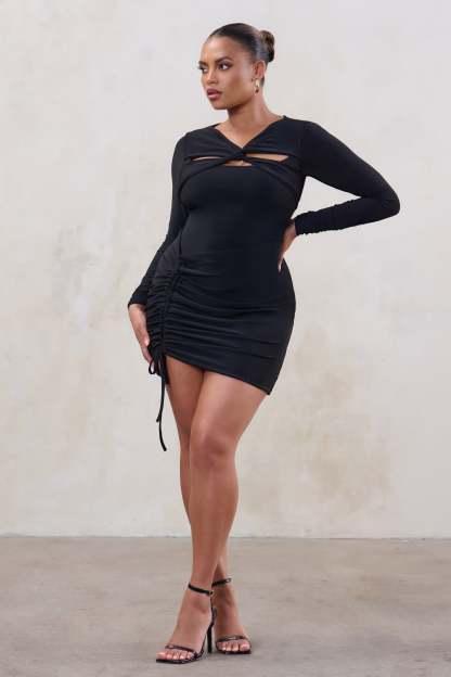 Happy Hour Plus Black Twist Front Ruched Mini Dress-Fashionmomo.All Rights Reserved