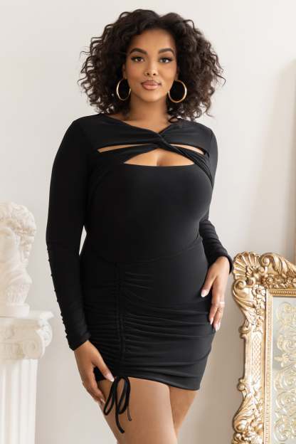Happy Hour Plus Black Twist Front Ruched Mini Dress-Fashionmomo.All Rights Reserved