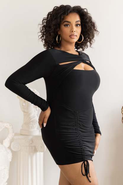 Happy Hour Plus Black Twist Front Ruched Mini Dress-Fashionmomo.All Rights Reserved