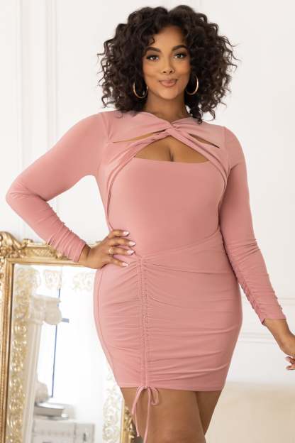 Happy Hour Plus Dusty Rose Twist Front Ruched Mini Dress-Fashionmomo.All Rights Reserved