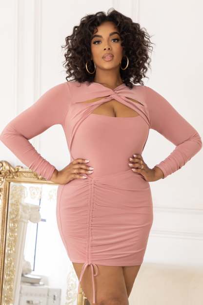 Happy Hour Plus Dusty Rose Twist Front Ruched Mini Dress-Fashionmomo.All Rights Reserved