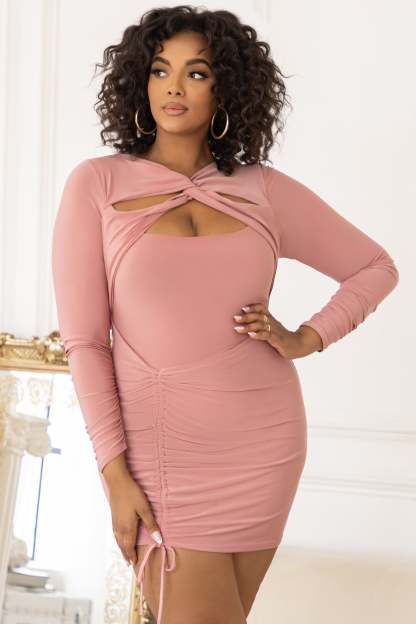 Happy Hour Plus Dusty Rose Twist Front Ruched Mini Dress-Fashionmomo.All Rights Reserved