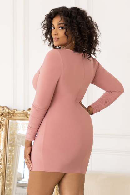 Happy Hour Plus Dusty Rose Twist Front Ruched Mini Dress-Fashionmomo.All Rights Reserved