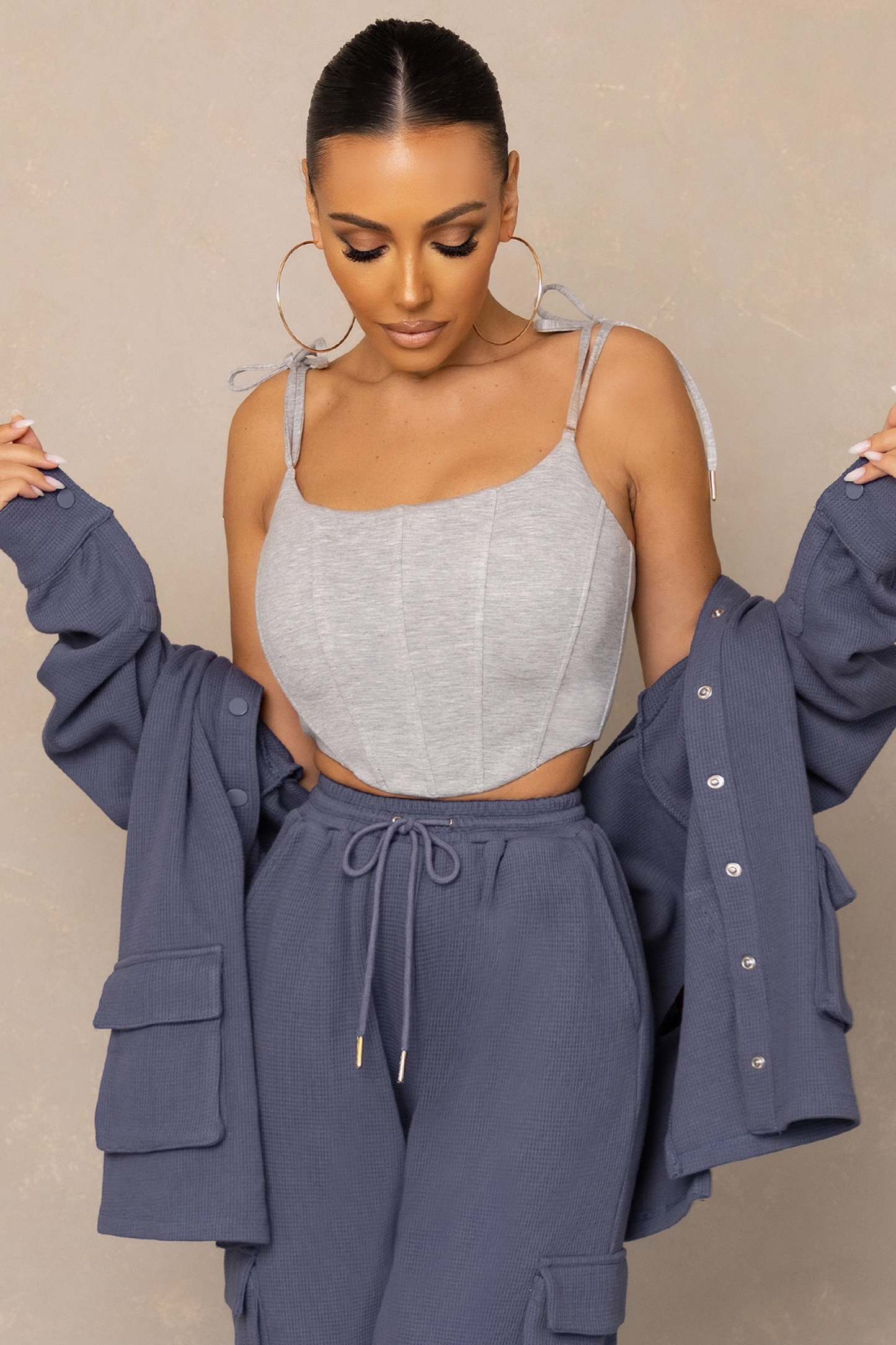 Hold Up Grey Marl Tie Cami Strap Corset Crop Top-Fashionmomo.All Rights Reserved