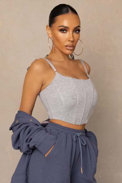 Hold Up Grey Marl Tie Cami Strap Corset Crop Top-Fashionmomo.All Rights Reserved