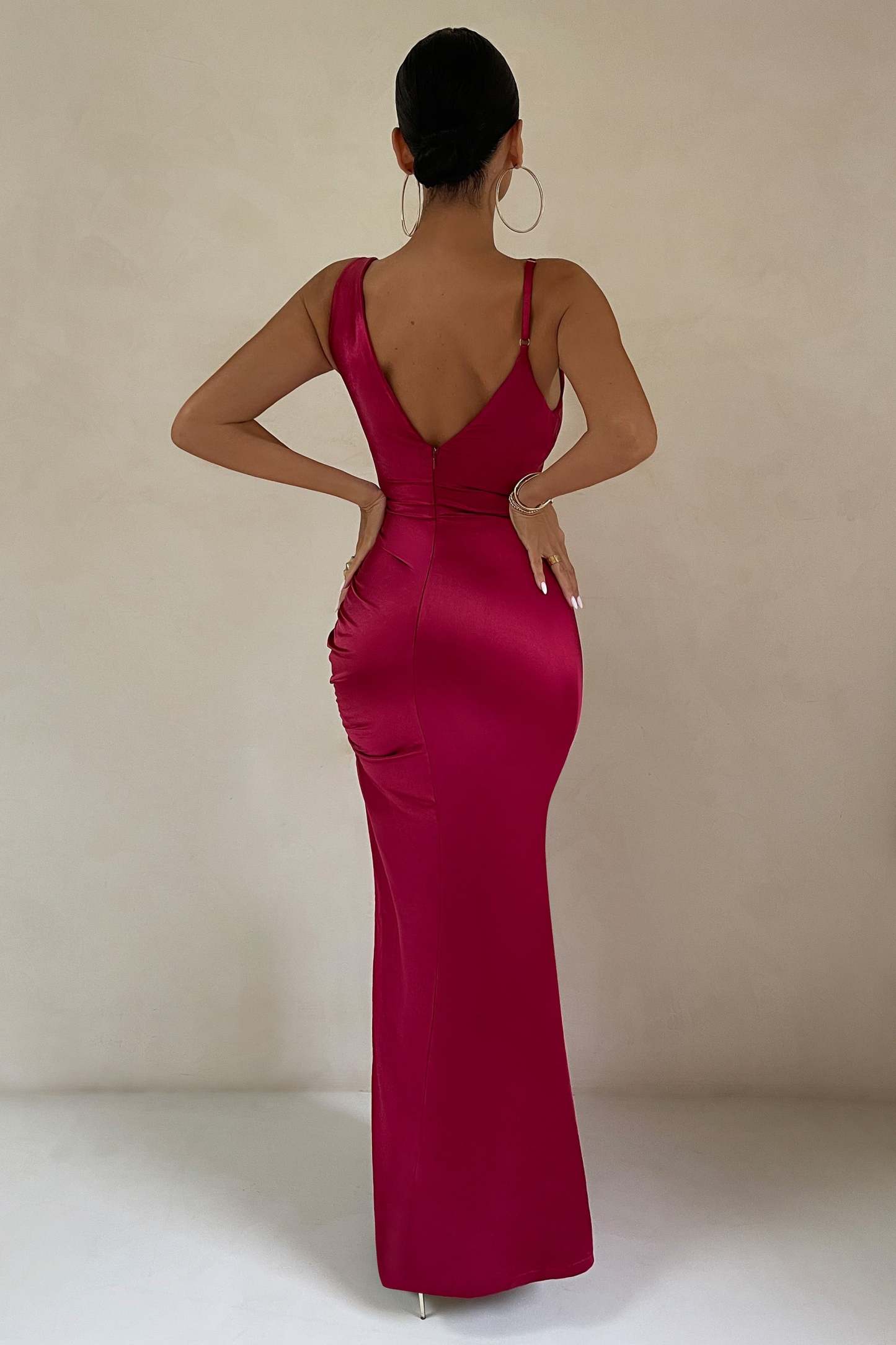 Belonging Berry Ruched Cowl Maxi Dress-Fashionmomo.All Rights Reserved