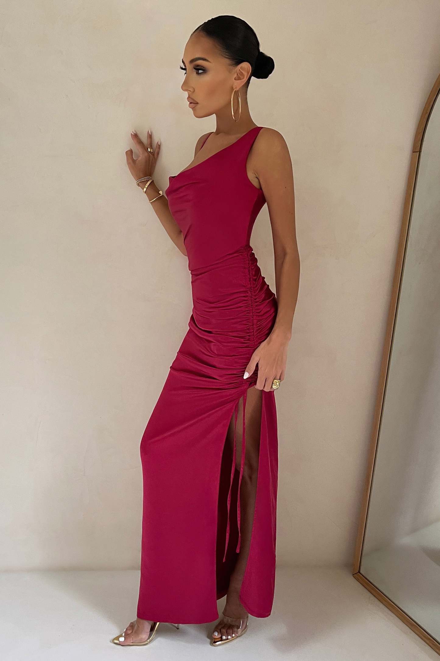 Belonging Berry Ruched Cowl Maxi Dress-Fashionmomo.All Rights Reserved
