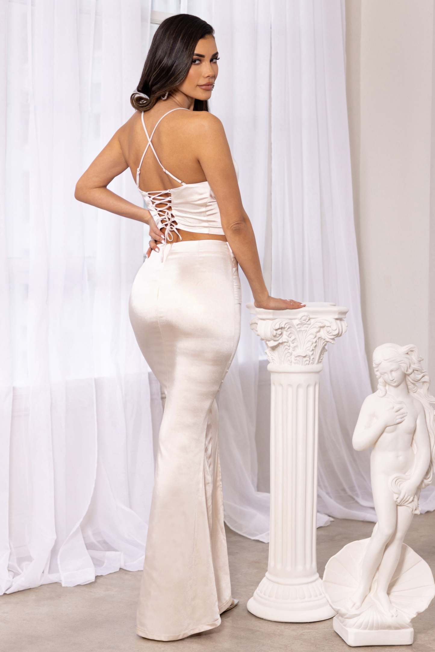 Perfect Fit Cream Satin Lace Up Split Leg Maxi Skirt-Fashionmomo.All Rights Reserved