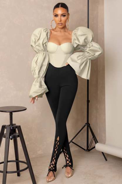 Accomplish Black Lace Up Detail Legging With Split Hem-Fashionmomo.All Rights Reserved