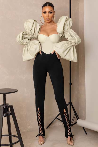 Accomplish Black Lace Up Detail Legging With Split Hem-Fashionmomo.All Rights Reserved