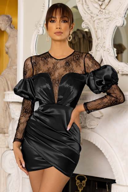 For You Black Bardot Lace Detail Satin Mini Dress-Fashionmomo.All Rights Reserved