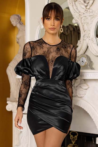 For You Black Bardot Lace Detail Satin Mini Dress-Fashionmomo.All Rights Reserved