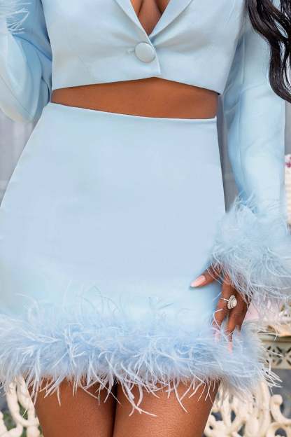 Entice Powder Blue Feather Trim Mini Skirt-Fashionmomo.All Rights Reserved