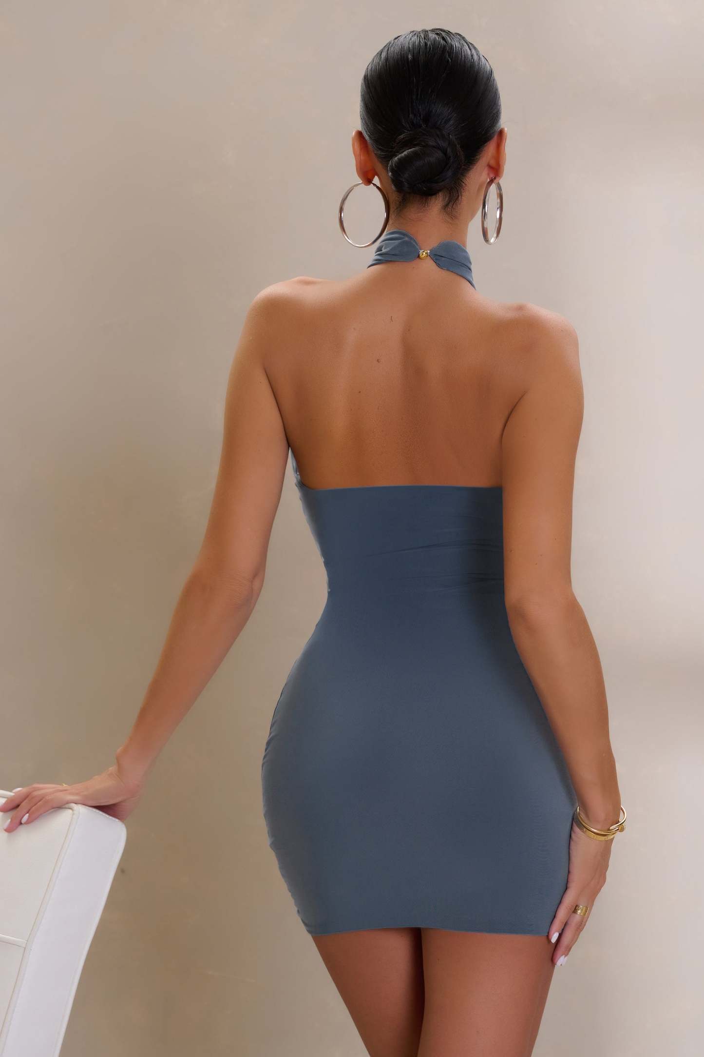 Any Time Slate Blue Cut Out Halter Neck Mini Dress-Fashionmomo.All Rights Reserved
