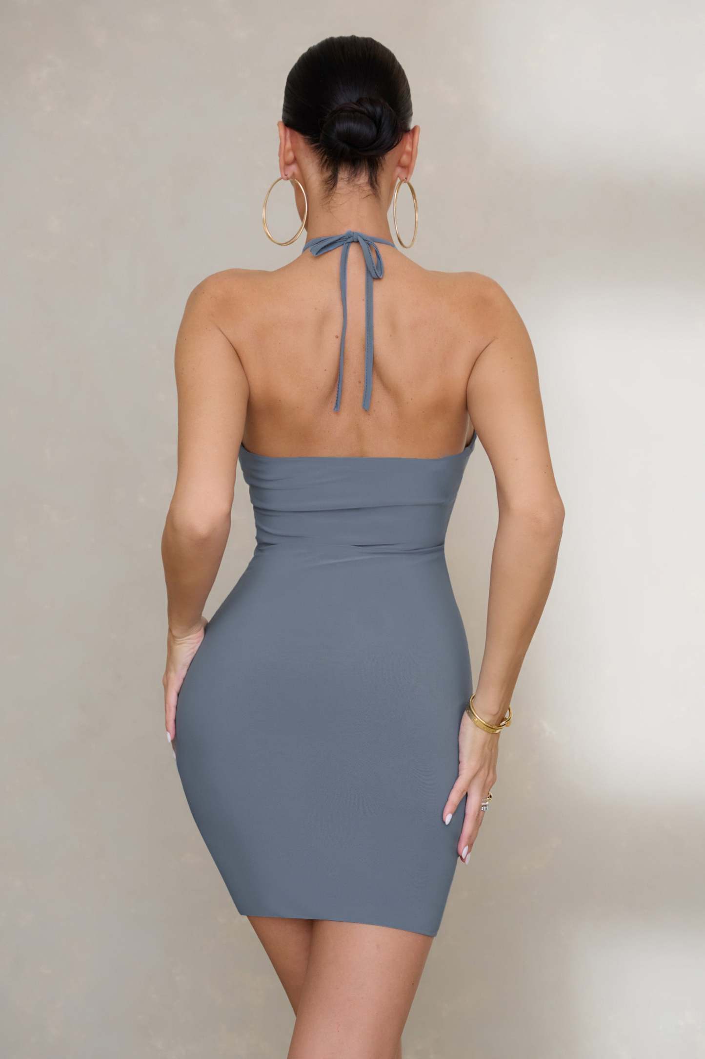 Horizon Slate Blue Halterneck Mini Dress-Fashionmomo.All Rights Reserved