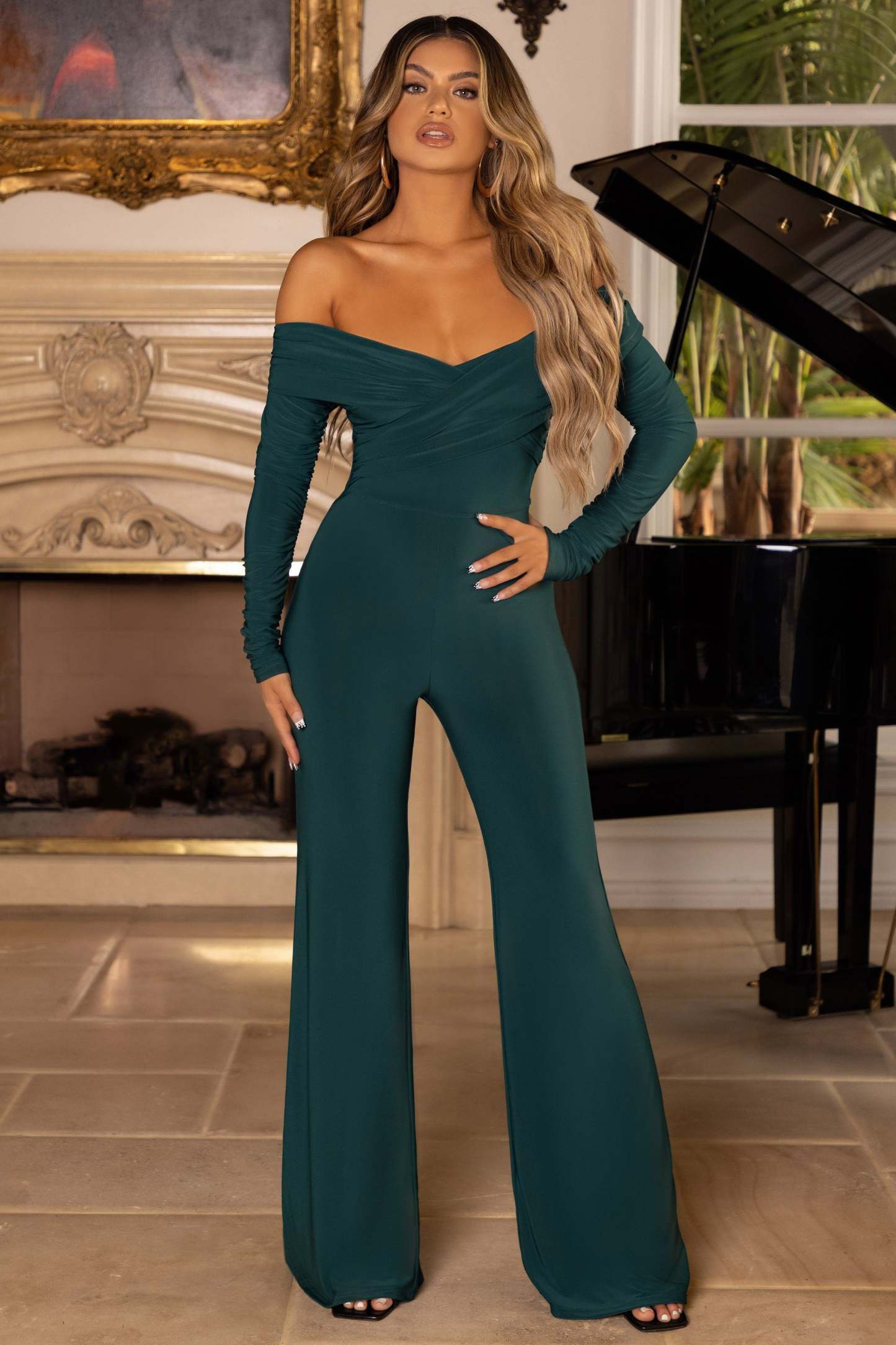 Hand On Heart Bottle Green Twist Front Bardot Long Sleeve Jumpsuit-Fashionmomo.All Rights Reserved