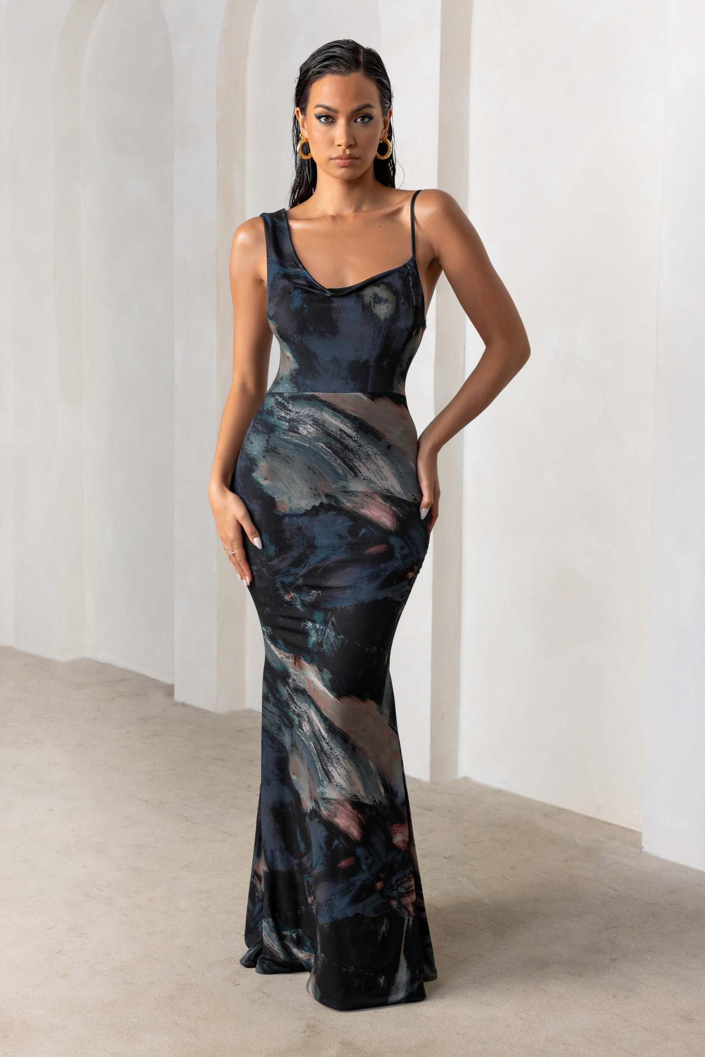 Phantasy Black Abstract Print Asymmetric Neckline Cowl Maxi Dress-Fashionmomo.All Rights Reserved