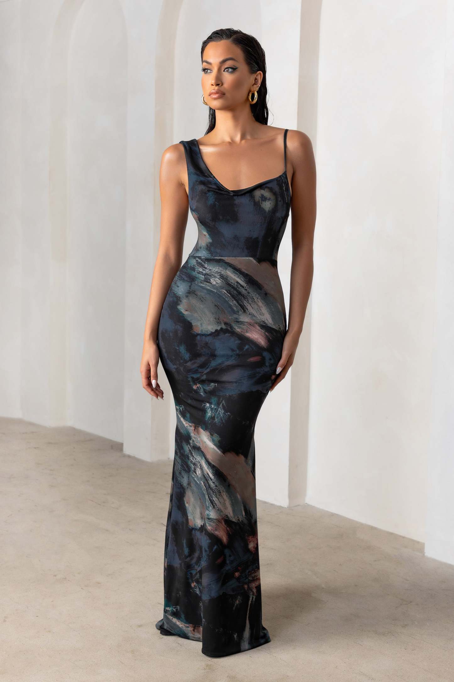 Phantasy Black Abstract Print Asymmetric Neckline Cowl Maxi Dress-Fashionmomo.All Rights Reserved