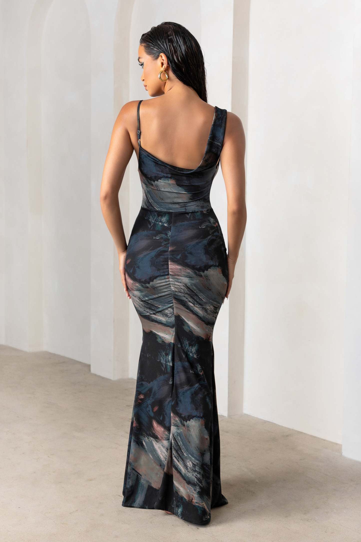 Phantasy Black Abstract Print Asymmetric Neckline Cowl Maxi Dress-Fashionmomo.All Rights Reserved