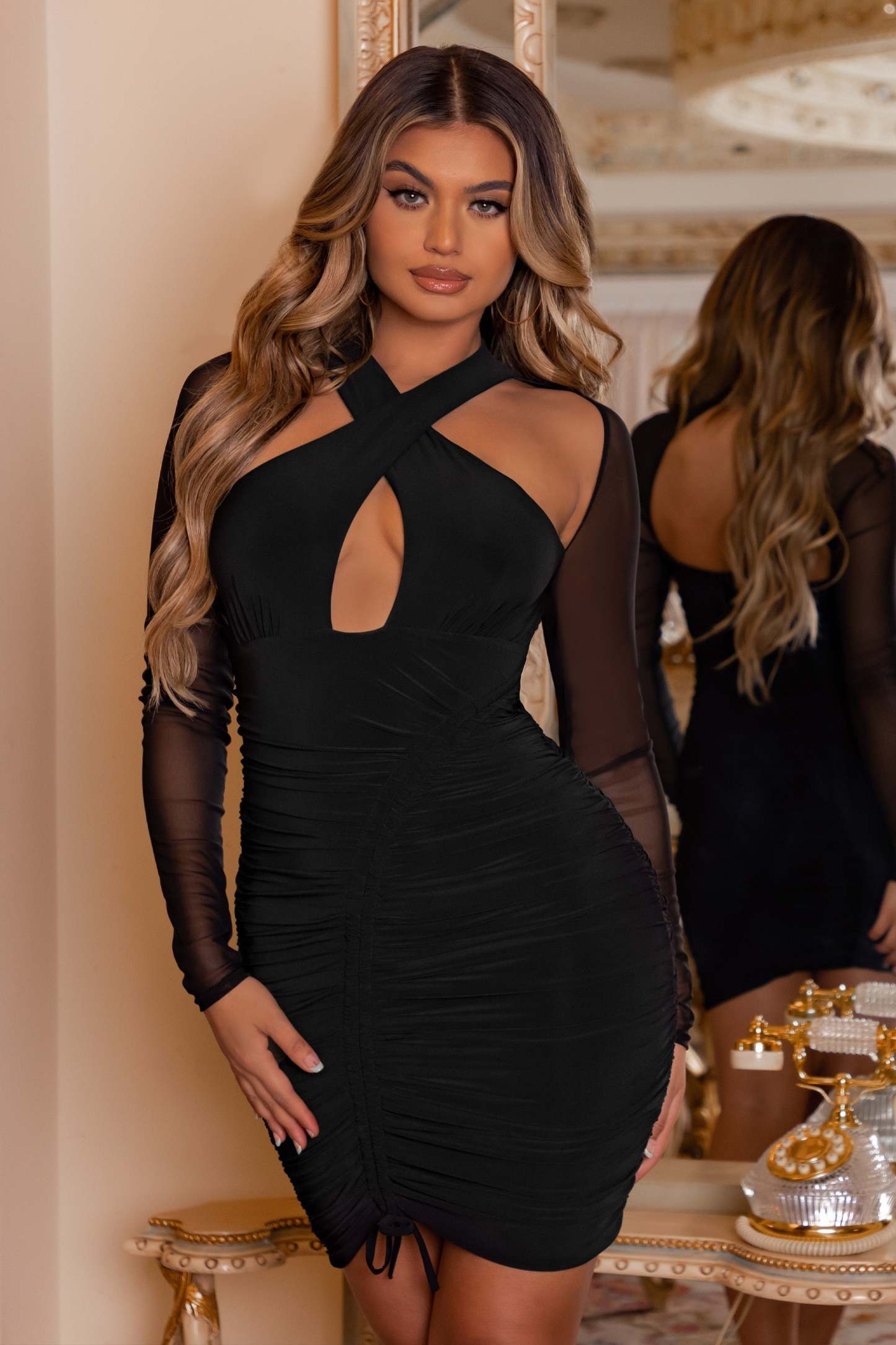 Eyes On You Black Long Sleeve Halter Neck Mini Dress-Fashionmomo.All Rights Reserved