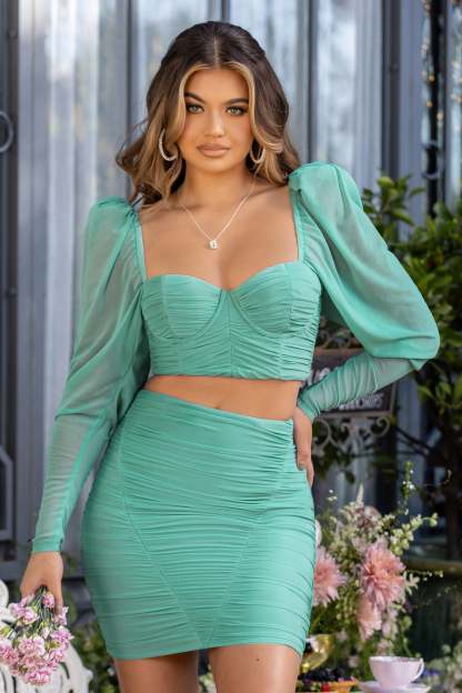 Butterfly Duck Egg Puff Sleeve Ruched Crop Top-Fashionmomo.All Rights Reserved