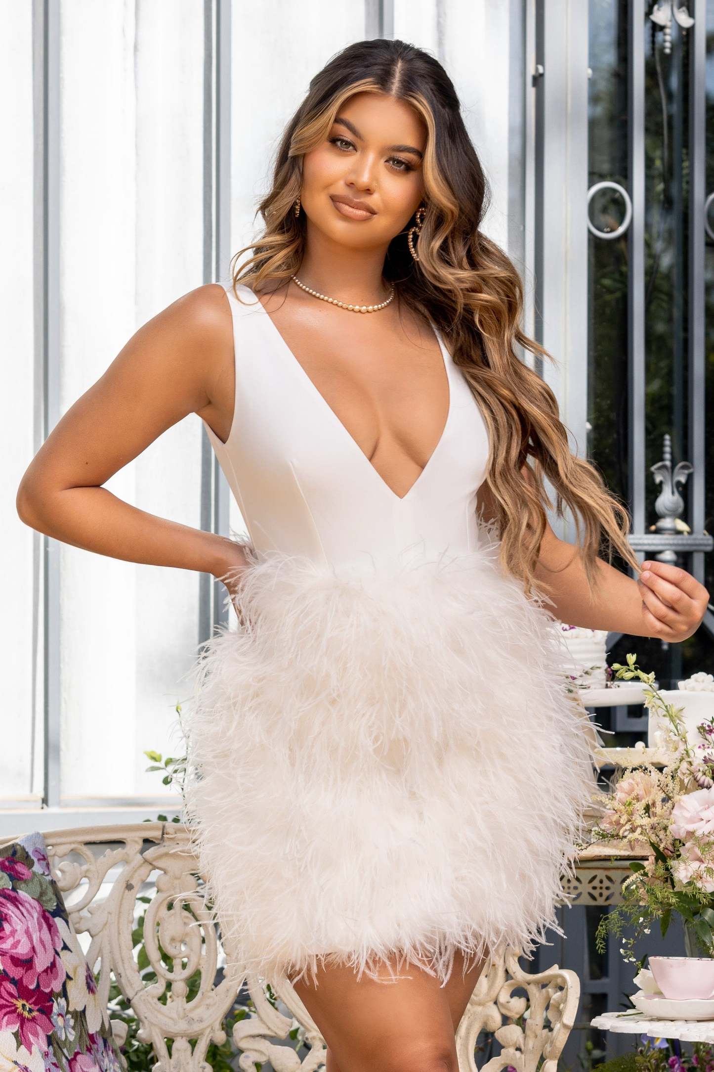 Flirt White Plunge Front Mini Dress With Feather Skirt-Fashionmomo.All Rights Reserved