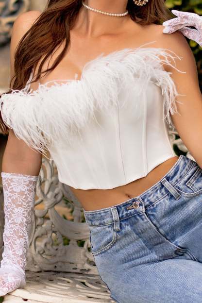 All About You White Feather Bandeau Corset Top-Fashionmomo.All Rights Reserved