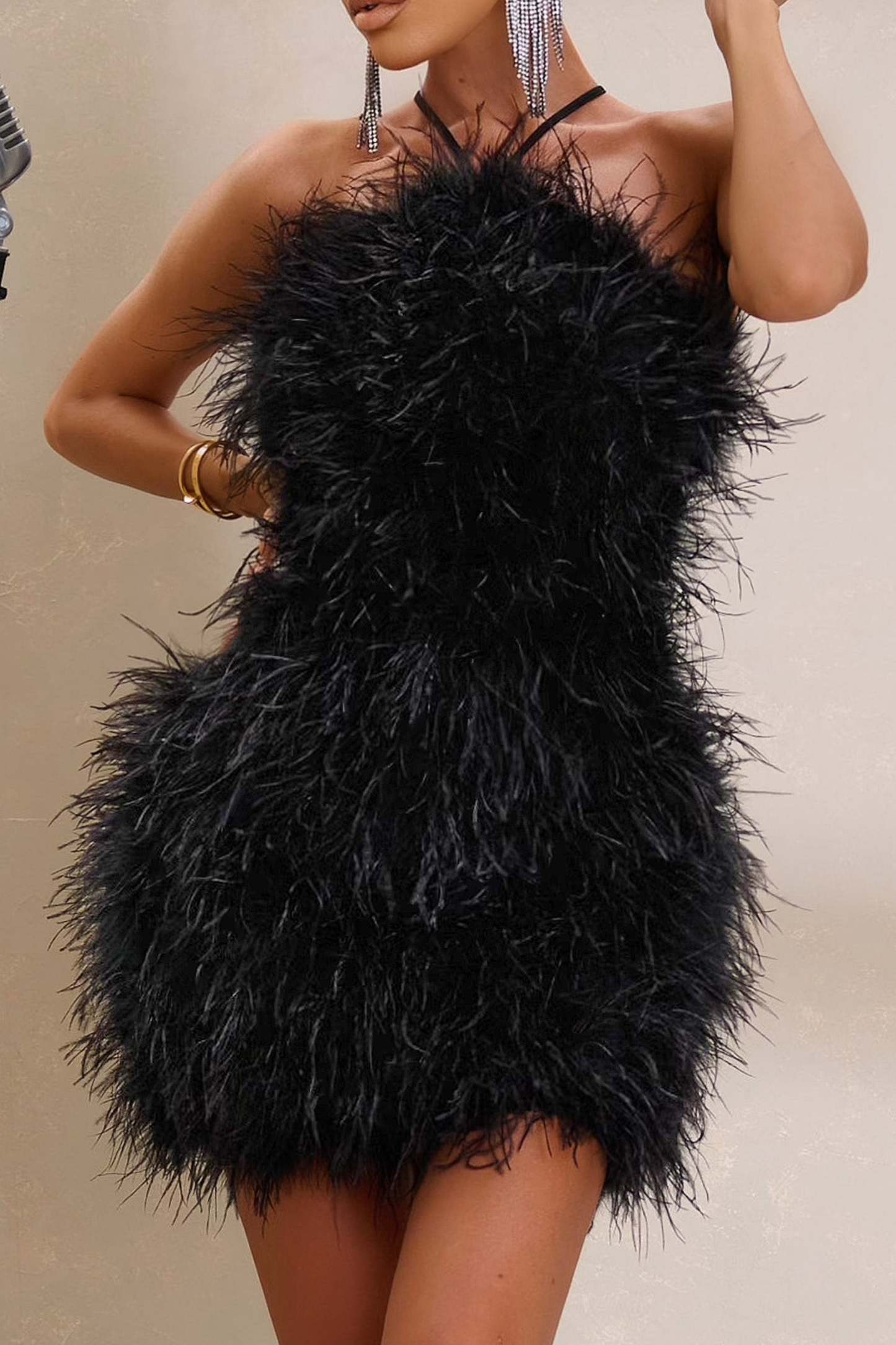Power Up Black Feather Halter Neck Mini Dress-Fashionmomo.All Rights Reserved