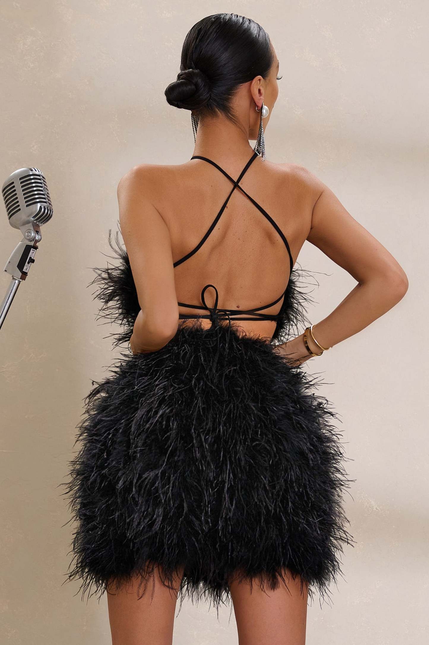 Power Up Black Feather Halter Neck Mini Dress-Fashionmomo.All Rights Reserved